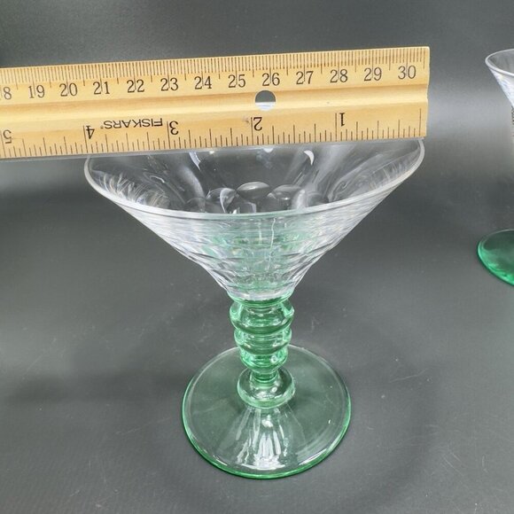 Seneca Theodule Clear Top Green Uranium Stem Optic Cut Top Sherbets Cups Set 2 - Picture 5 of 14